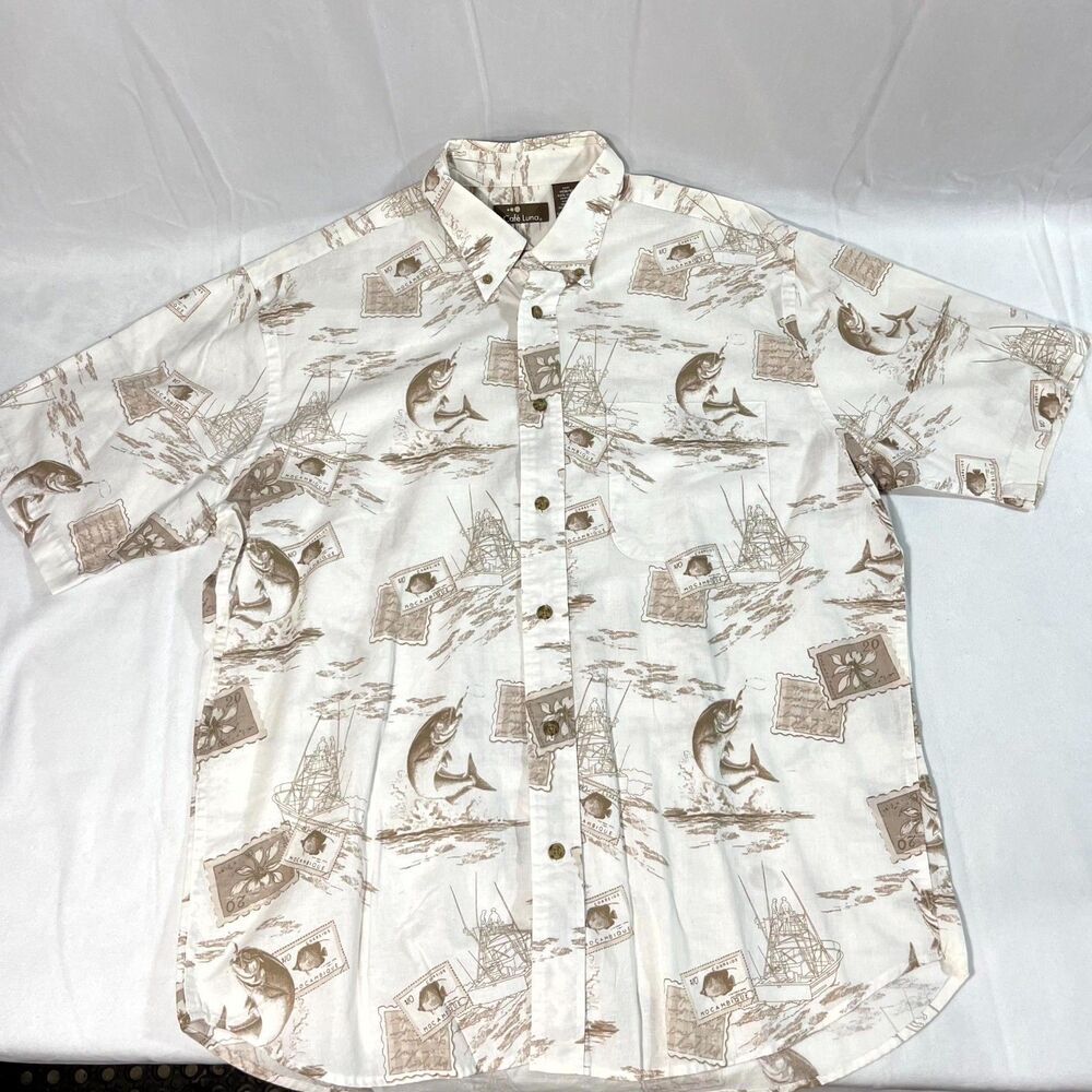 Cafe Luna Mens Short Sleeve Button Up‎ Shirt Fishing Print All Over Size M